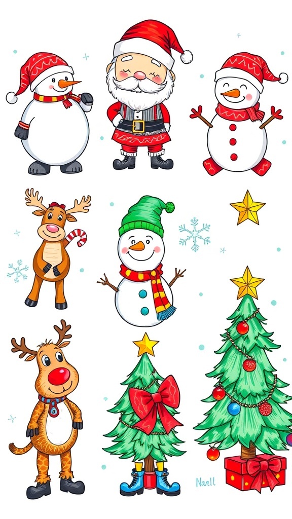 A collage of cartoon Christmas drawings including Santa, a snowman, reindeer, and a Christmas tree.
